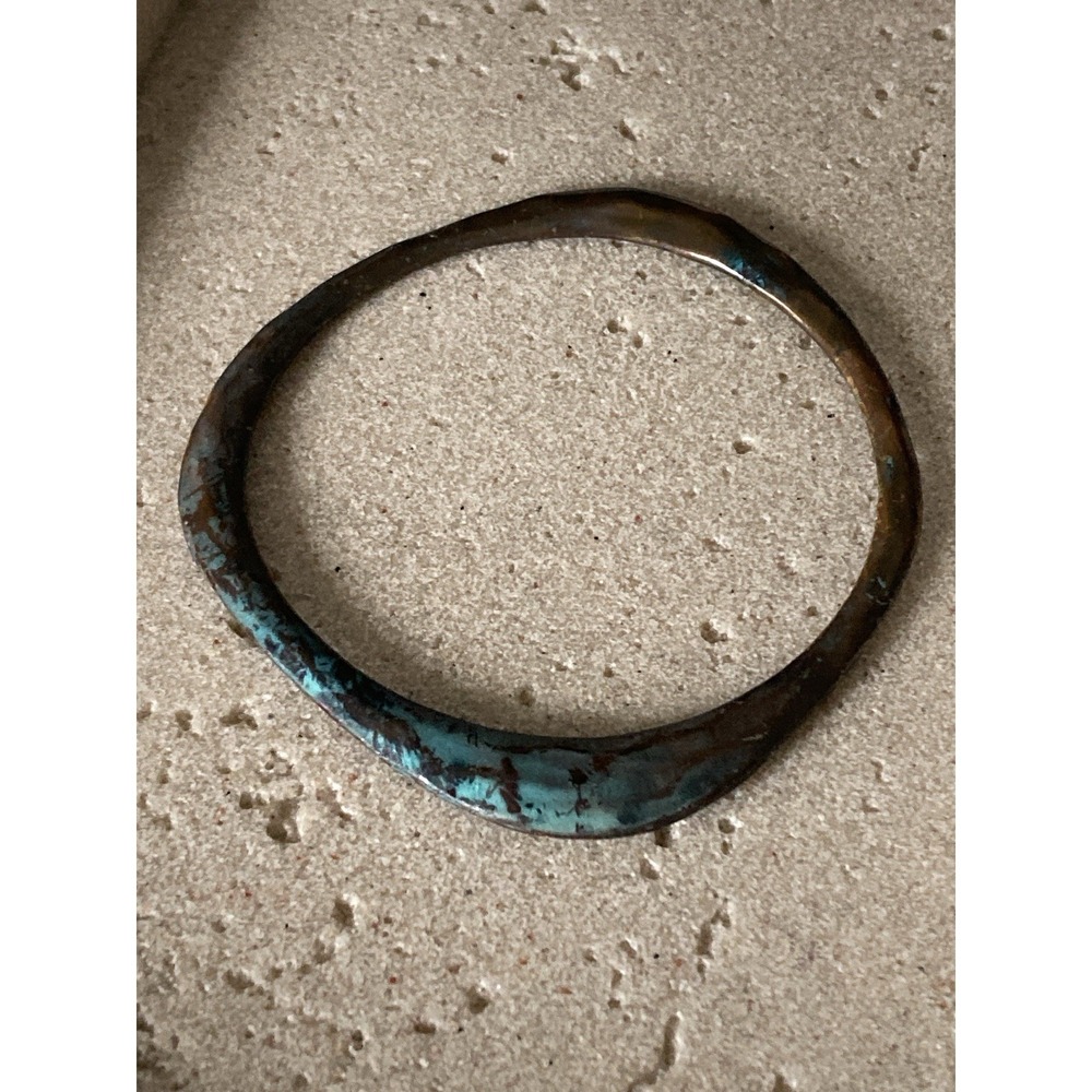 Vintage Copper Bangle Bracelet Blue Verdigris Patina Sculptural Modernist